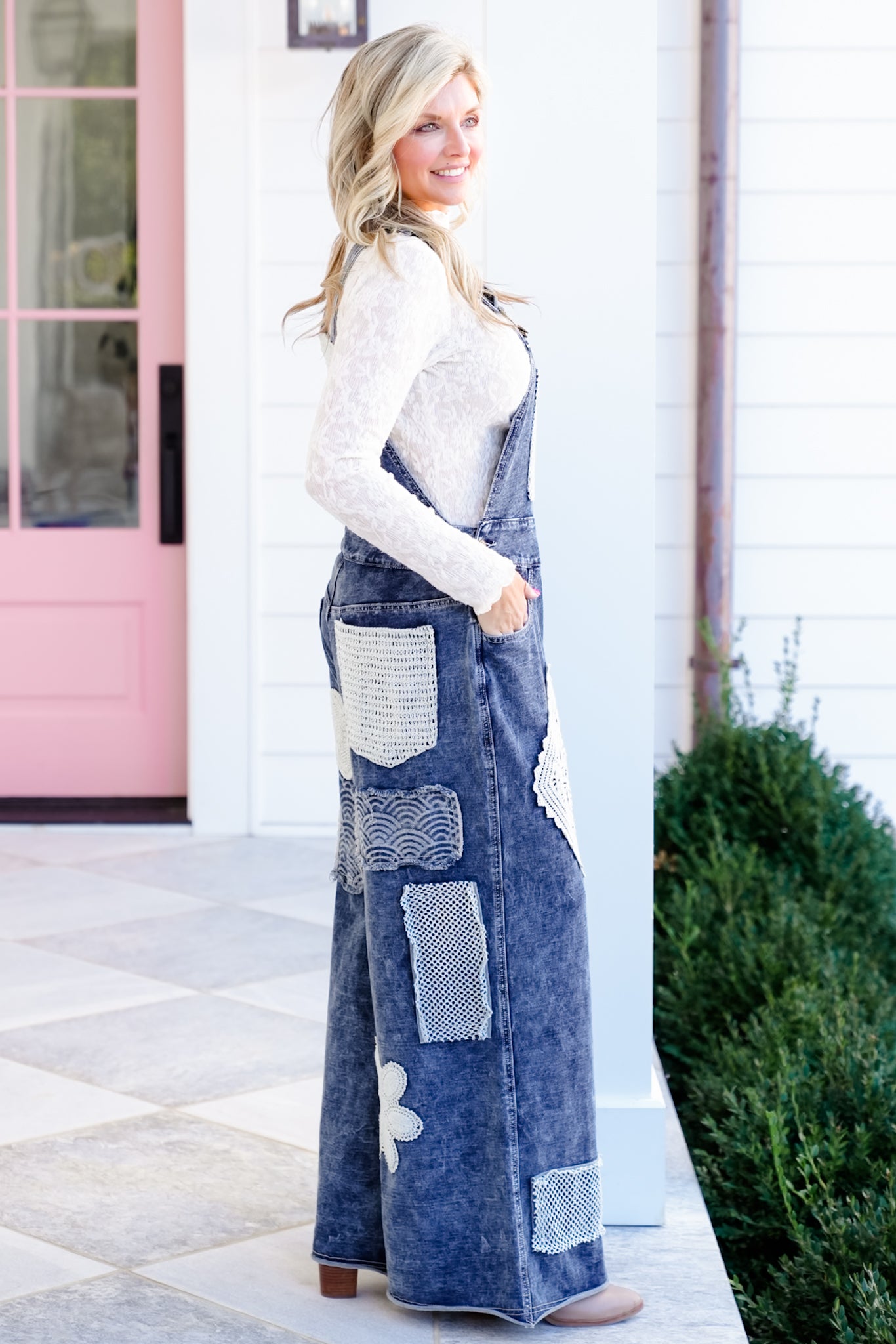 POL Dark Wash Wide Leg Overalls with Crochet Patches