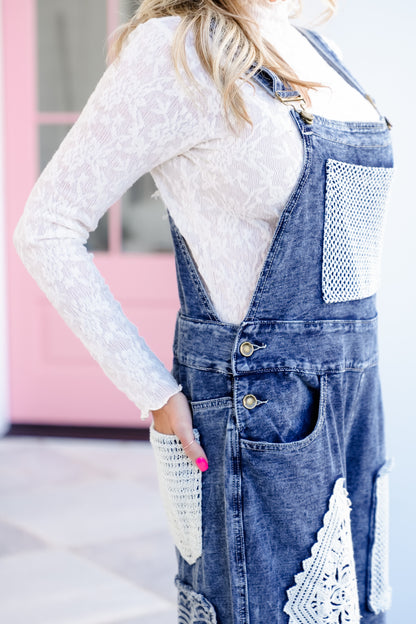 POL Dark Wash Wide Leg Overalls with Crochet Patches