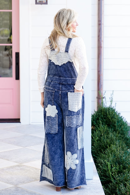 POL Dark Wash Wide Leg Overalls with Crochet Patches
