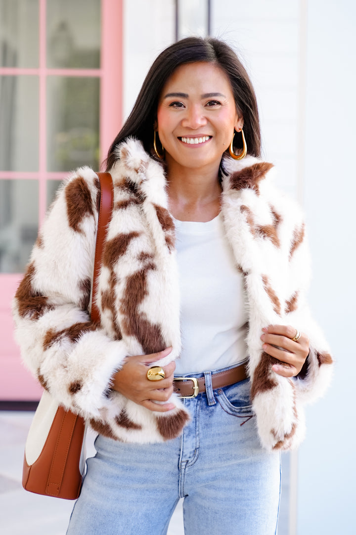 Cow Print Faux Fur Long Sleeve Jacket