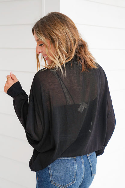Solid Long Sleeve Knit Top with Drawstring Neck Detail