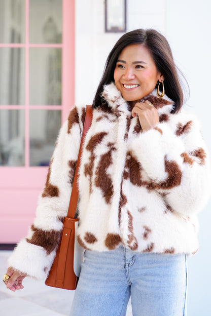 Cow Print Faux Fur Long Sleeve Jacket