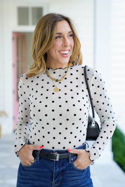 Plus/Reg Polka Dot Mesh Long Sleeve Top
