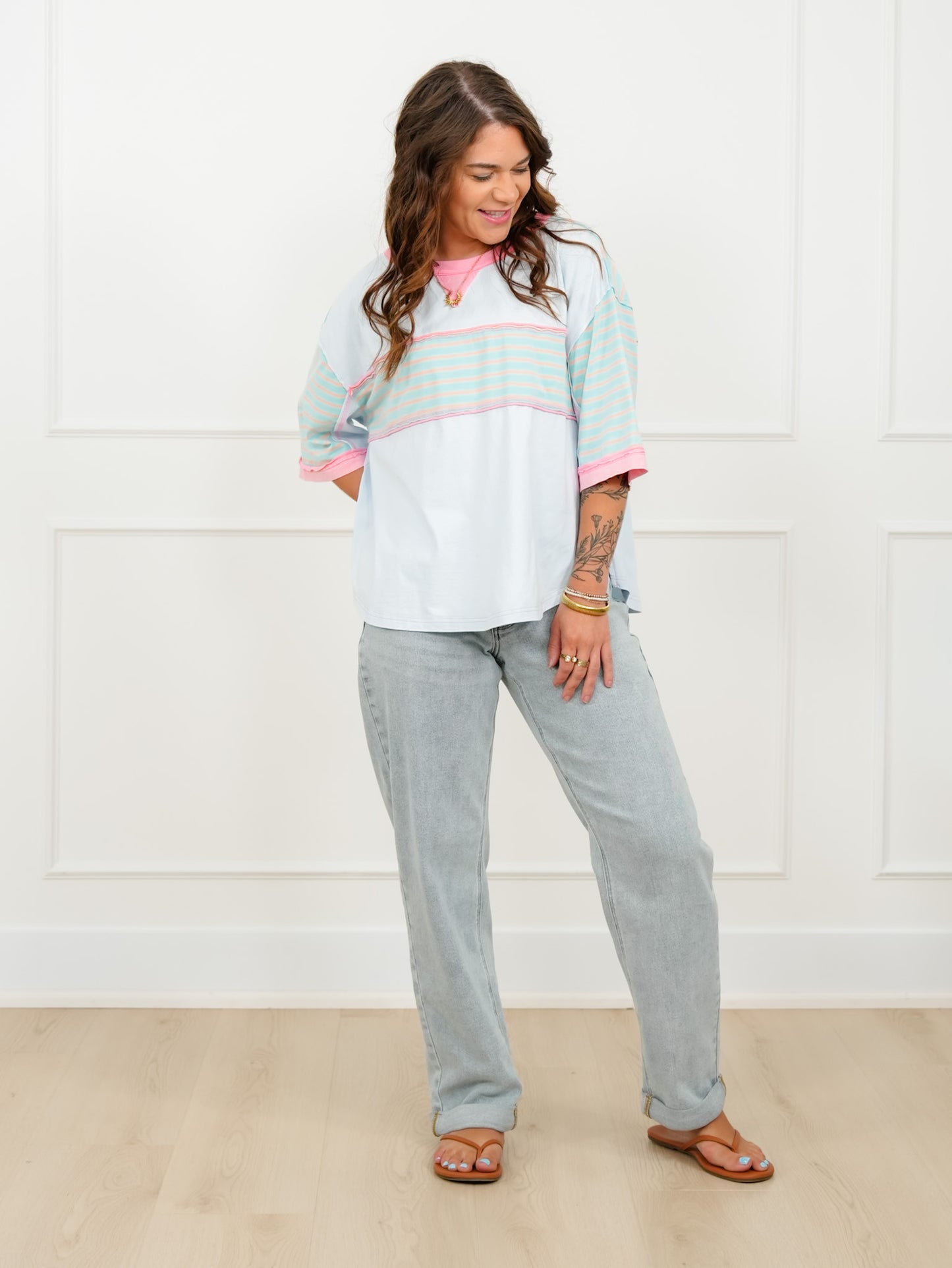 Stripe Patch 3/4 Sleeve Round Neck Top
