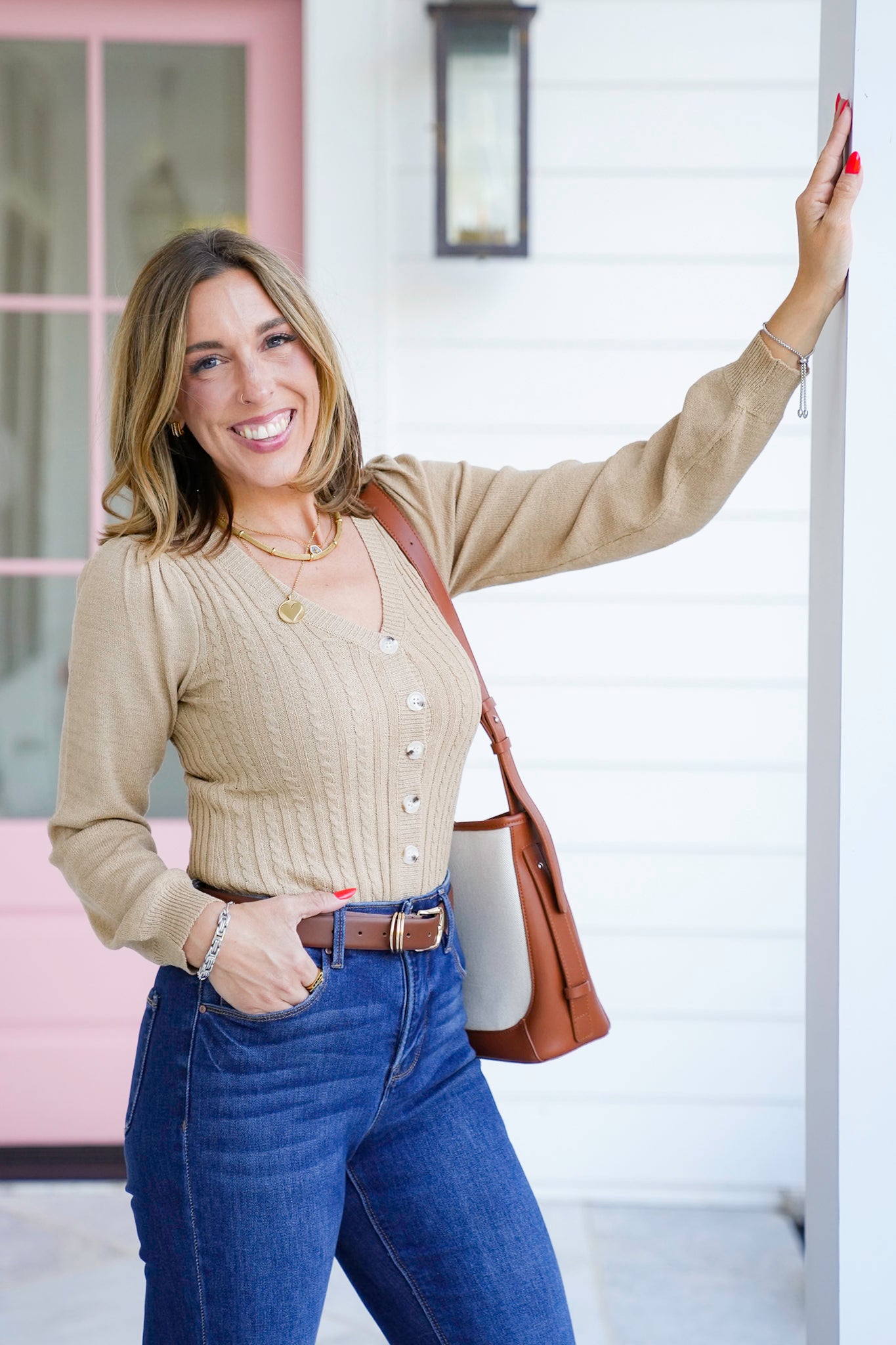 Plus/Reg Cable Knit Long Sleeve Button-Up Bodysuit