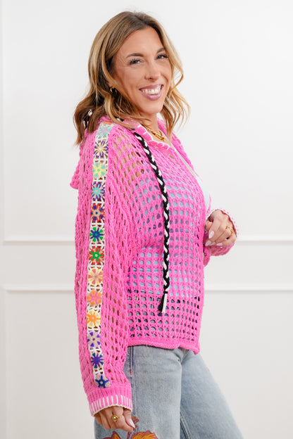 POL Open Knit Long Sleeve Zip Up Hoodie Sweater