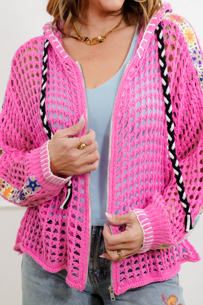 POL Open Knit Long Sleeve Zip Up Hoodie Sweater