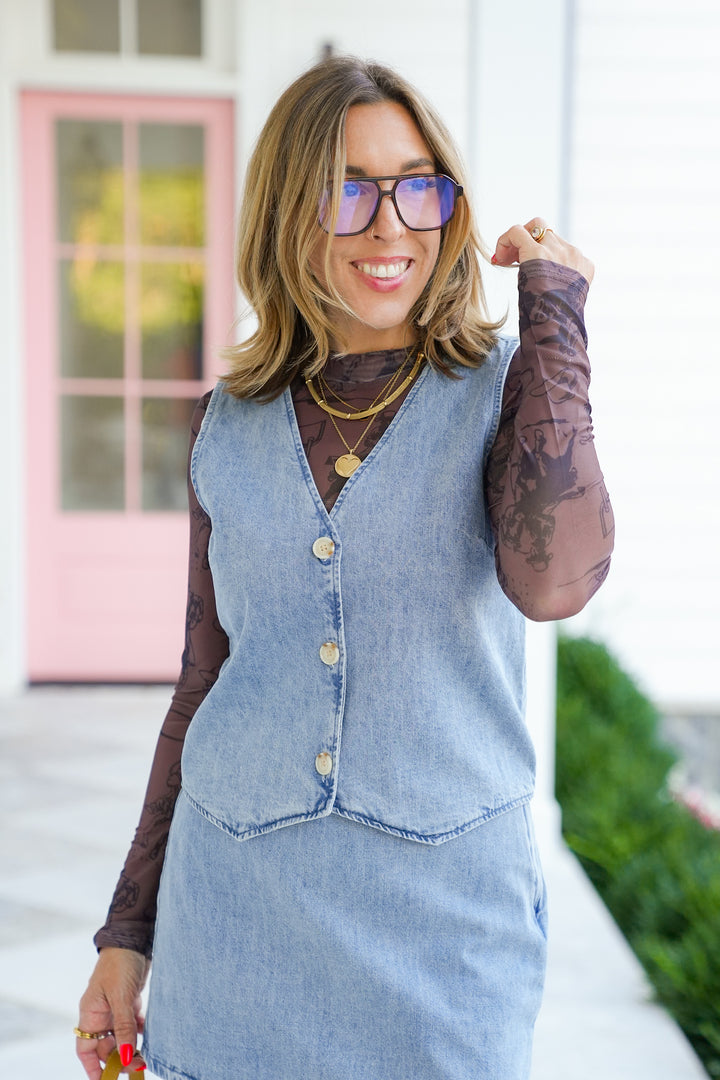 Washed V Neck Button Down Vest