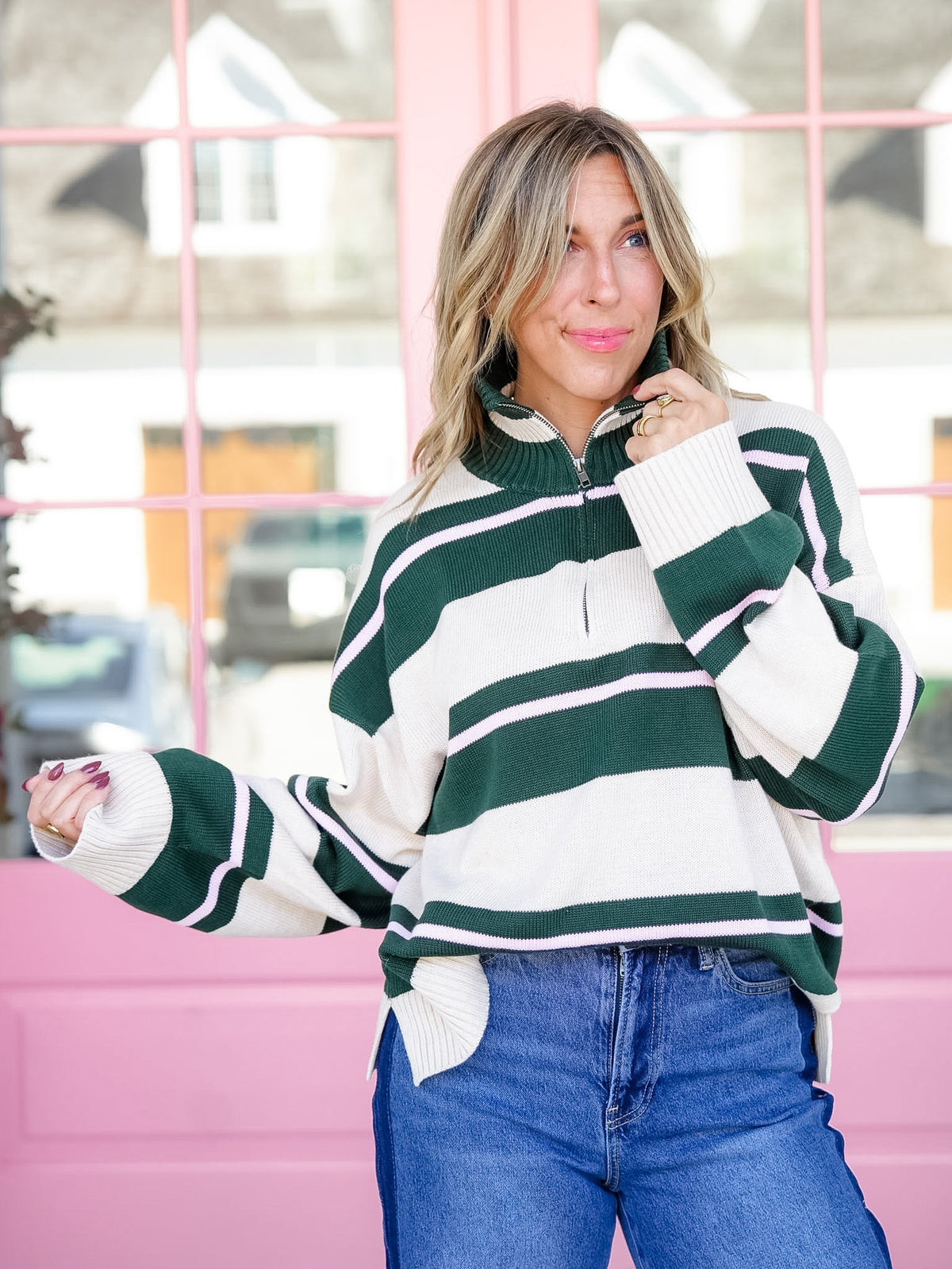 Wide Stripe Half Zip Collared Sweater