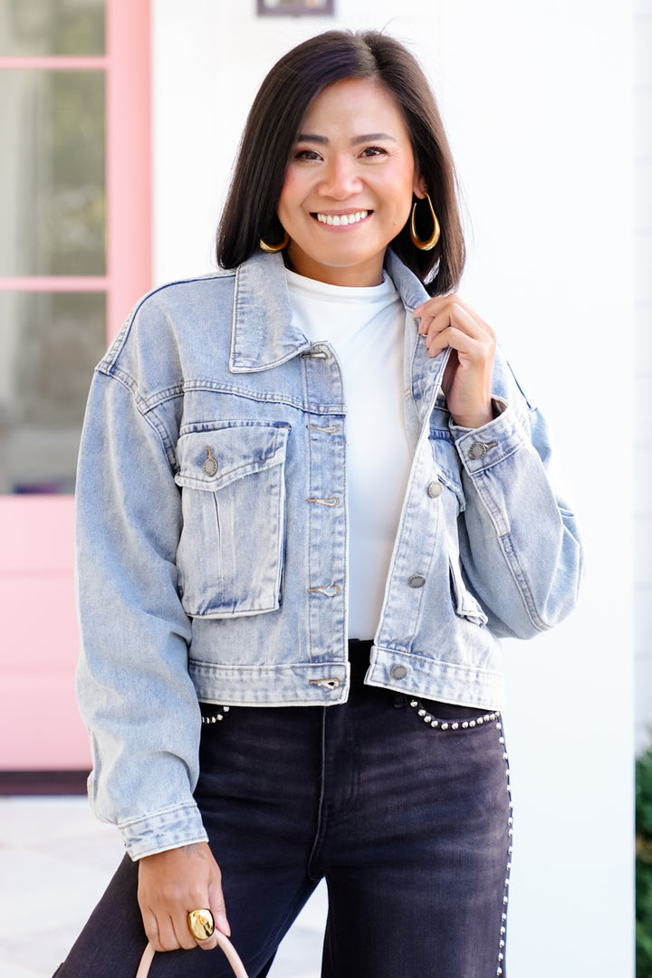 Medium Wash Long Sleeve Button Down Jacket