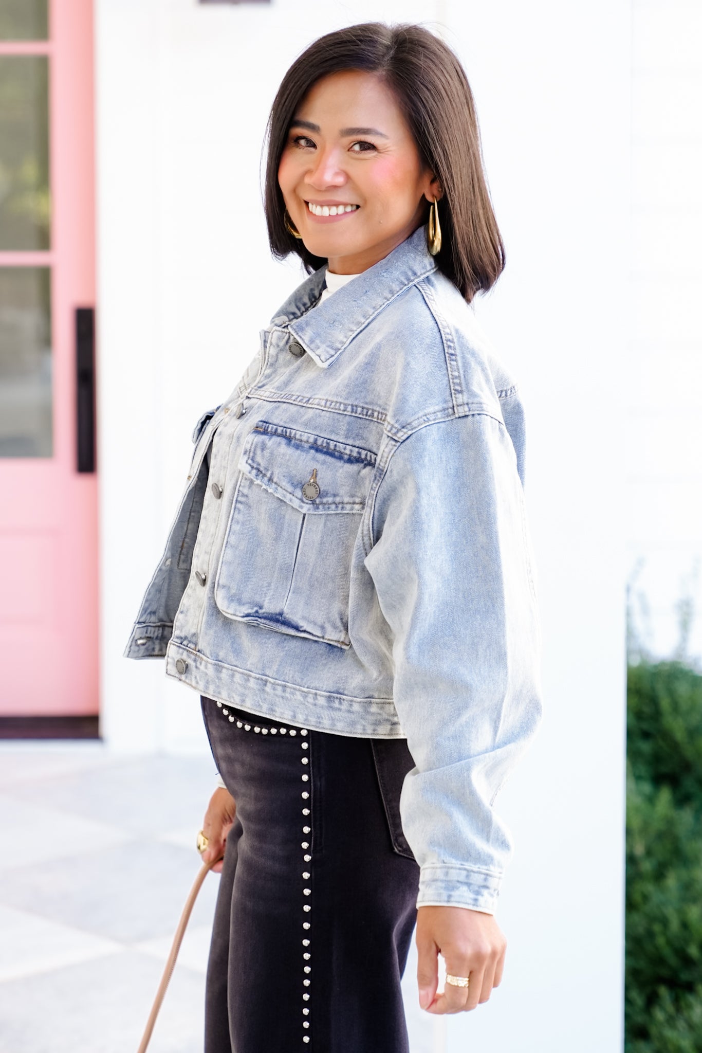 Medium Wash Long Sleeve Button Down Jacket