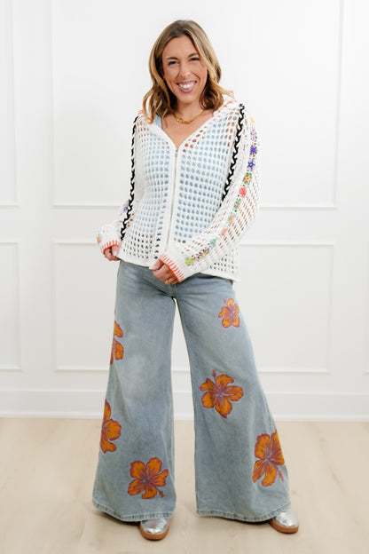 POL Open Knit Long Sleeve Zip Up Hoodie Sweater