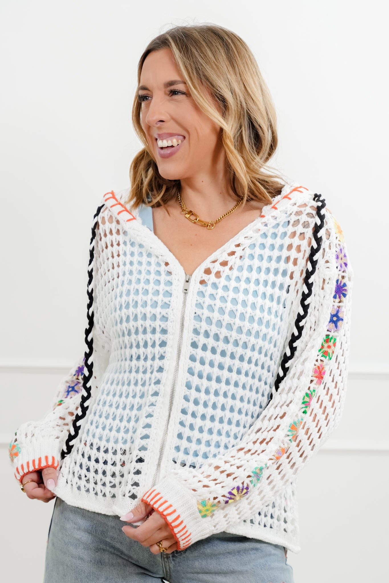 POL Open Knit Long Sleeve Zip Up Hoodie Sweater