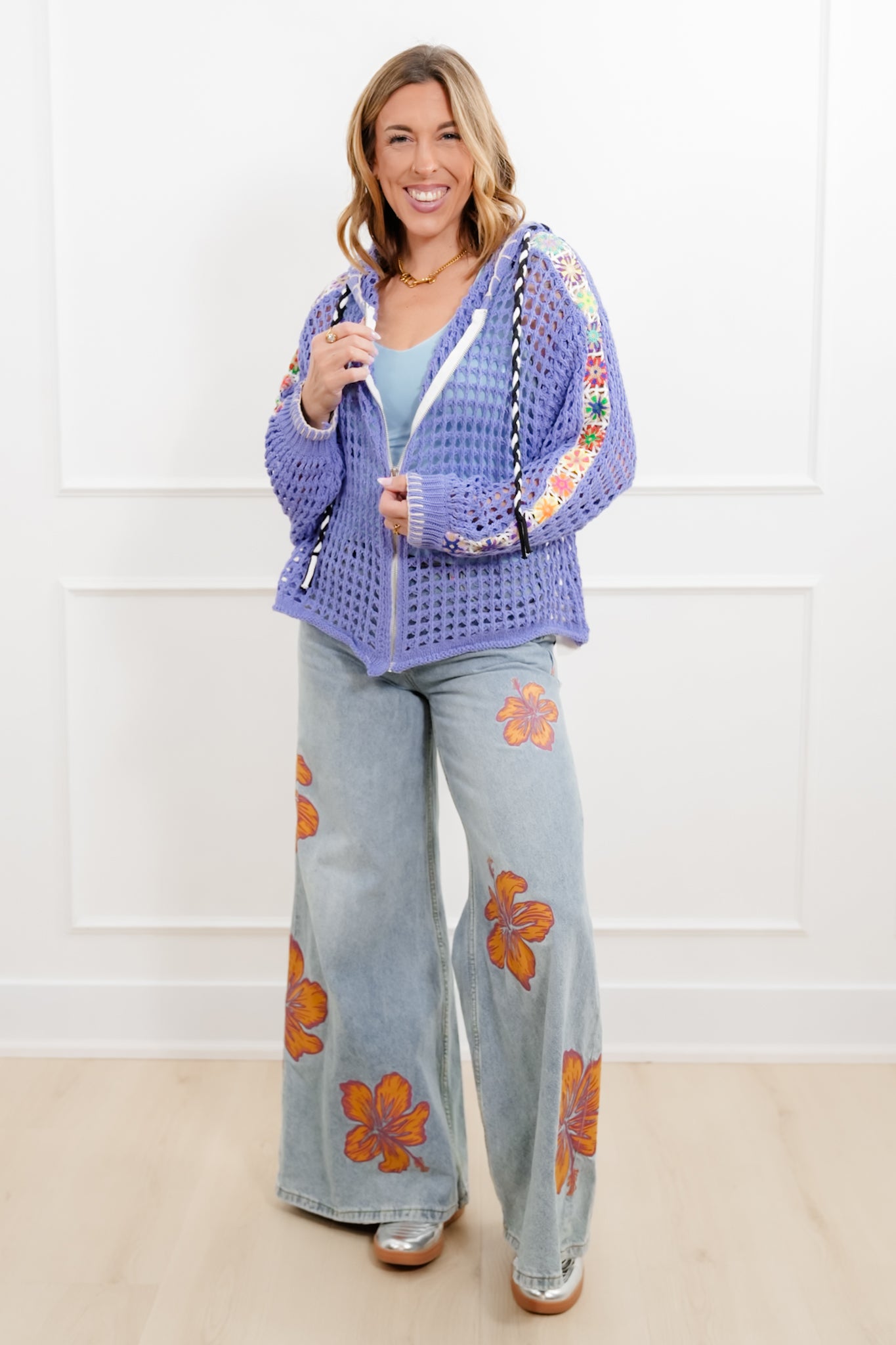 POL Open Knit Long Sleeve Zip Up Hoodie Sweater