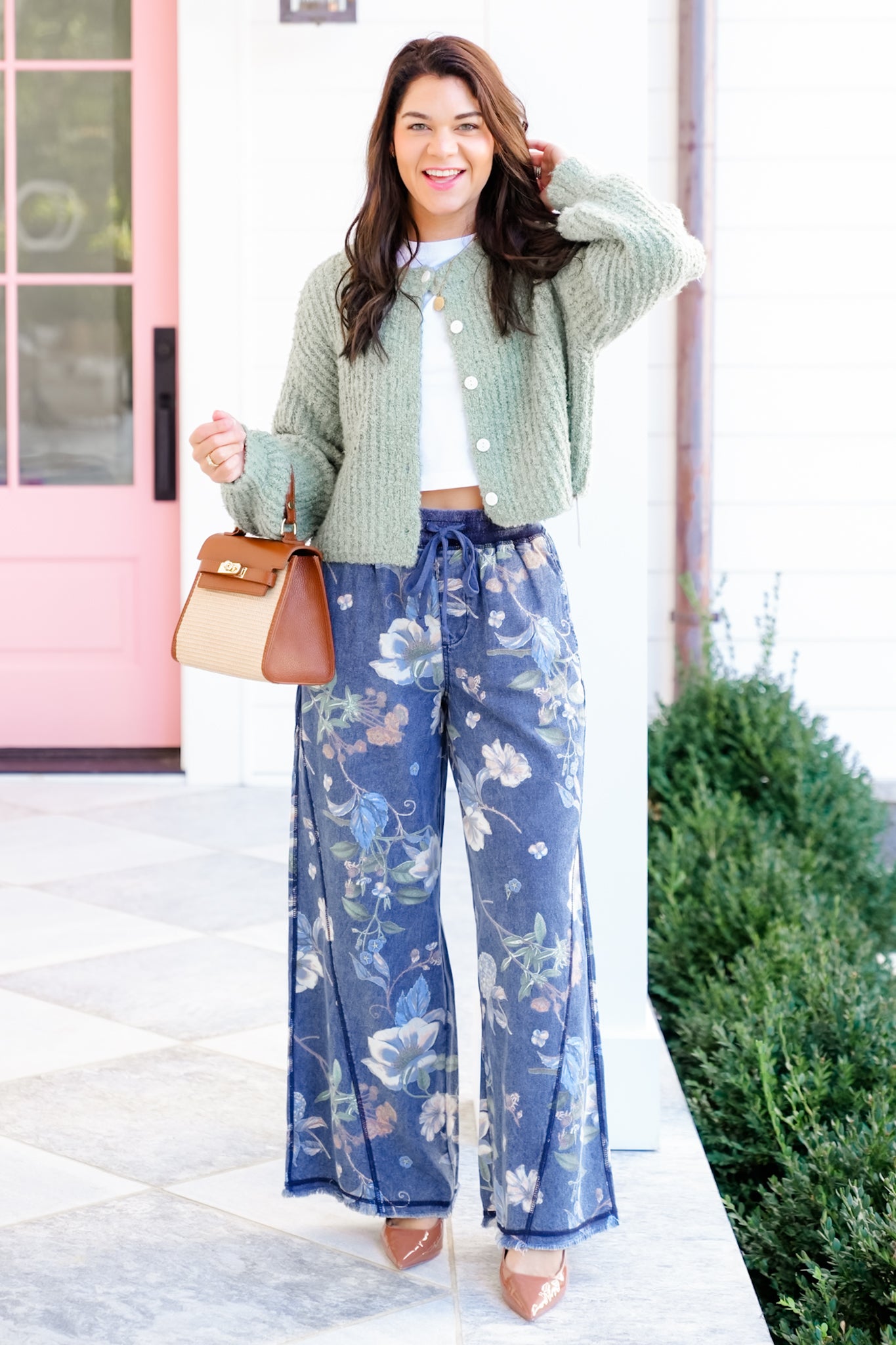 Floral Print Washed Wide Leg Denim Pants