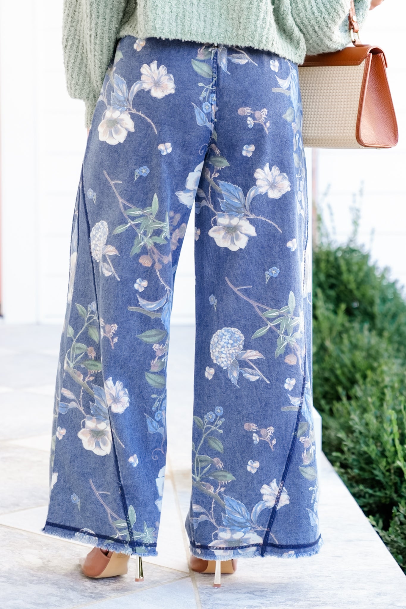 Floral Print Washed Wide Leg Denim Pants