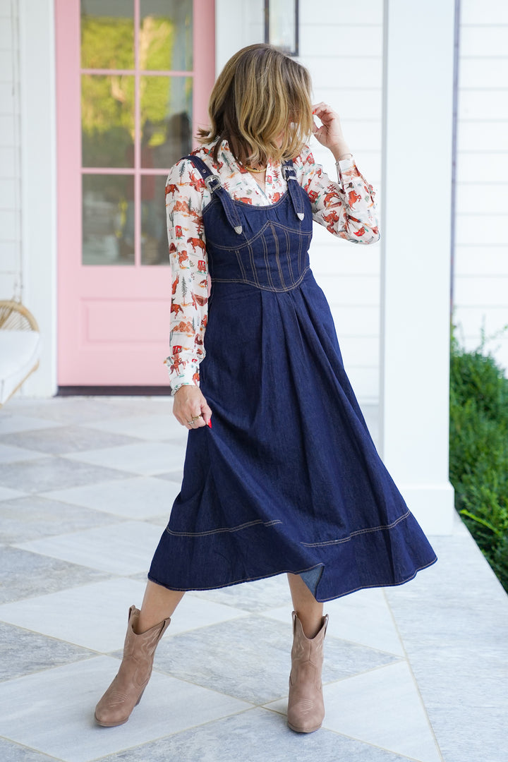 Dark Wash Sleeveless Midi Dress with Buckle Detail