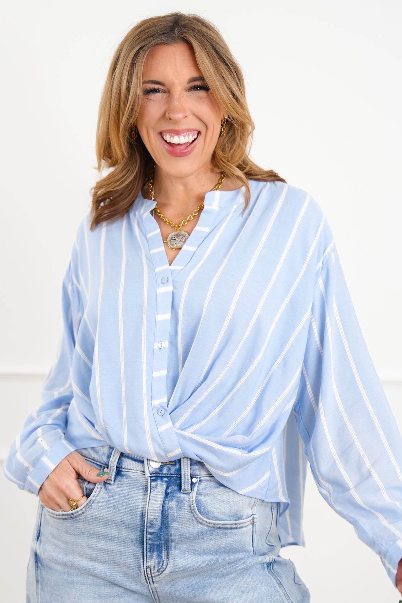 Plus/Reg FP x Skies are Blue Stripe Long Sleeve High Low Twist Knot Top