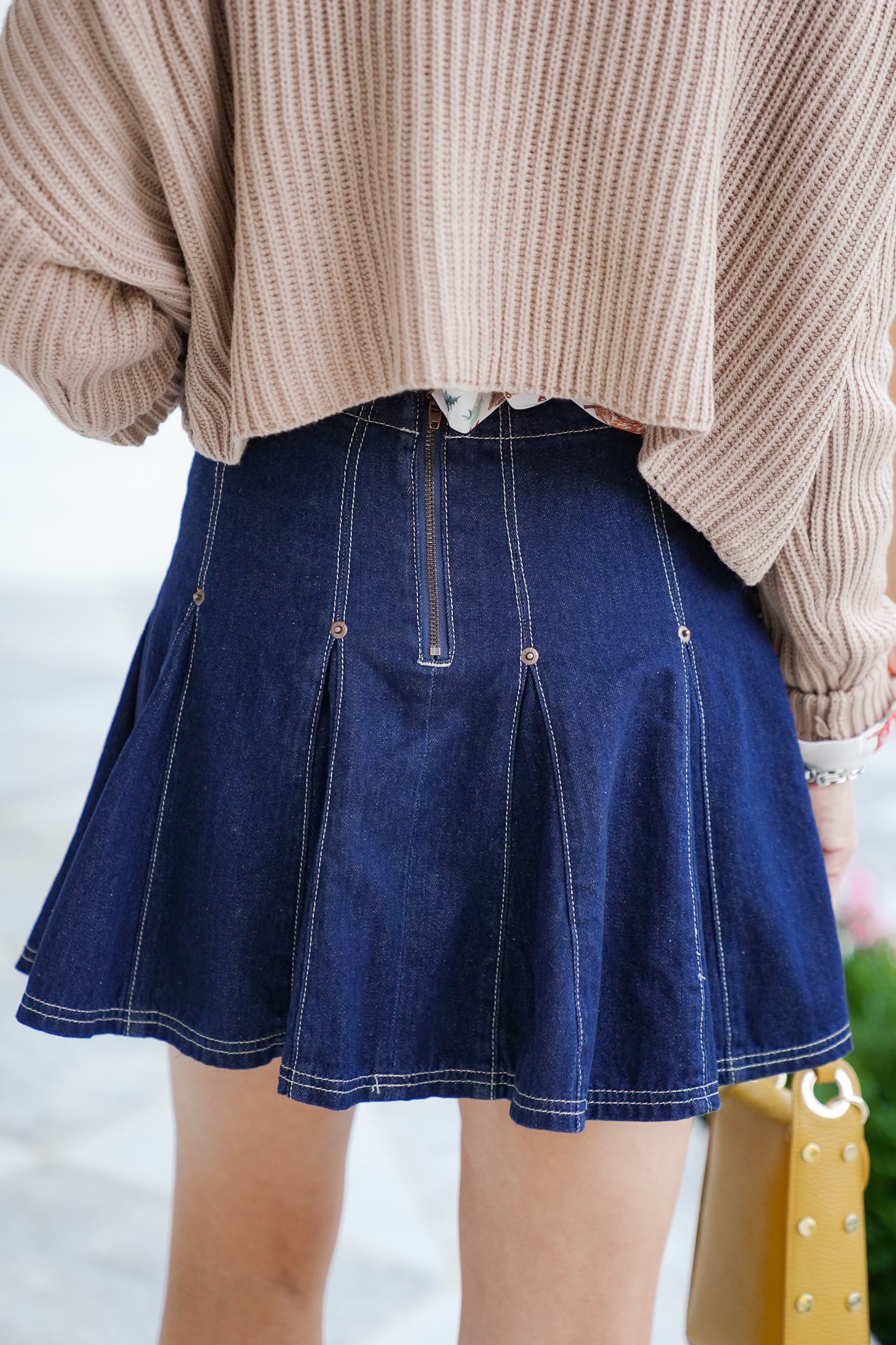 Dark Wash Pleated Flared Mini Skirt