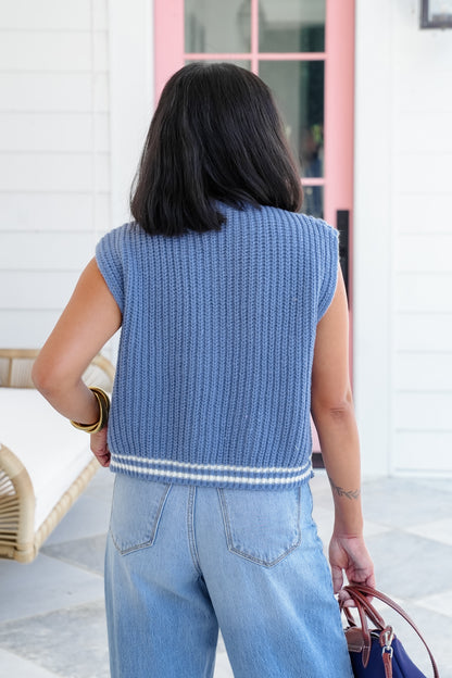 Sleeveless Button Down Sweater Vest with Stripe Detail