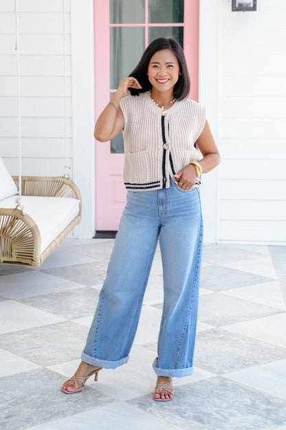 Sleeveless Button Down Sweater Vest with Stripe Detail