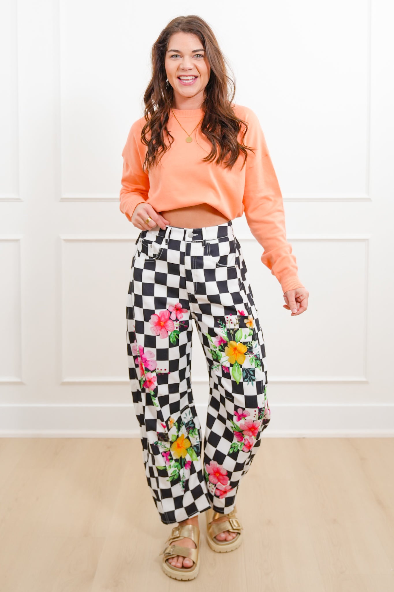 Plus/Reg Checkered and Floral High Waist Barrel Pants