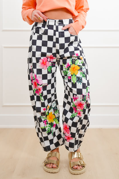 Plus/Reg Checkered and Floral High Waist Barrel Pants