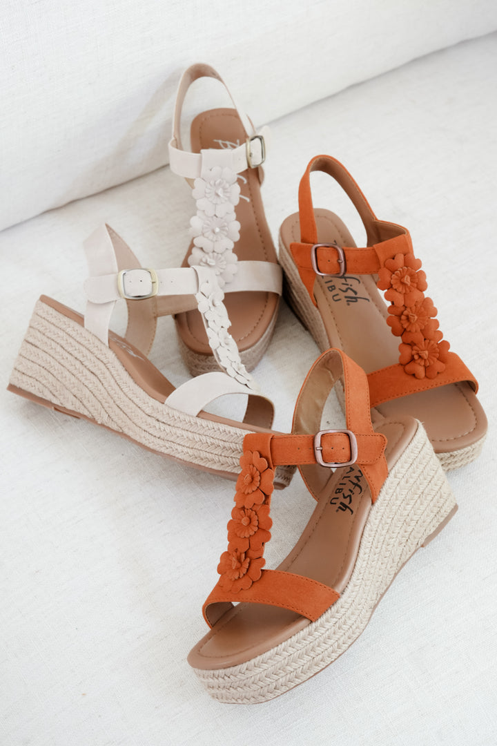 Blowfish Braided Raffia Platform Wedge Sandal with Floral Detail