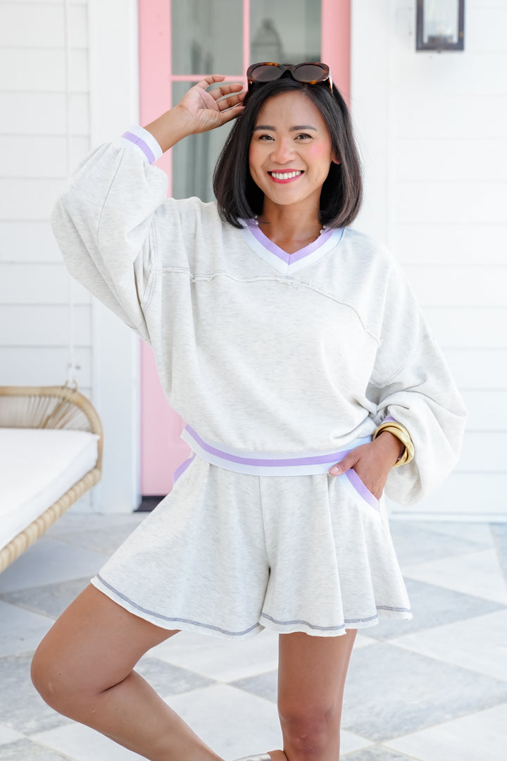 Plus/Reg Long Sleeve V-Neck Top and Flowy Short Set