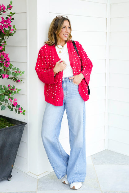 POL Solid Long Sleeve Open Cardigan with Pearl Detail