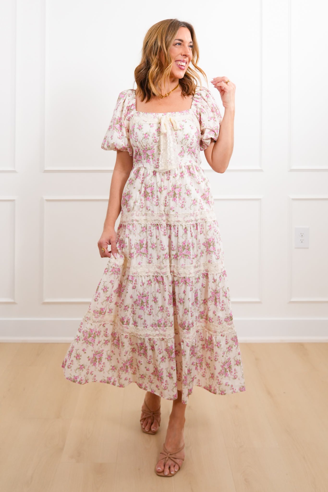 Floral Print Short Bubble Sleeve Tiered Midi Dress – Freckled Poppy