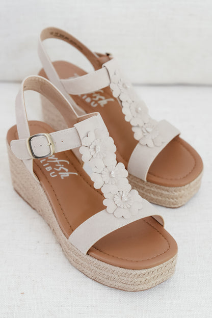 Blowfish Braided Raffia Platform Wedge Sandal with Floral Detail