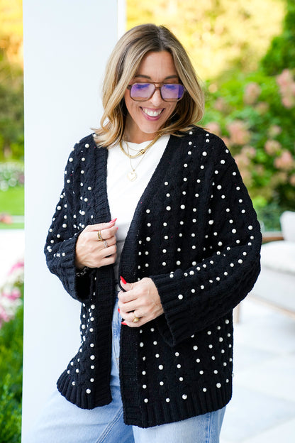 POL Solid Long Sleeve Open Cardigan with Pearl Detail