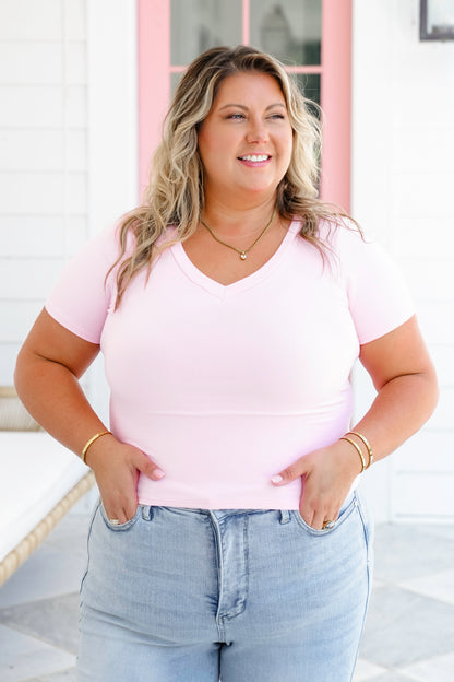 Solid Short Sleeve V-Neck Top
