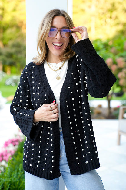 POL Solid Long Sleeve Open Cardigan with Pearl Detail