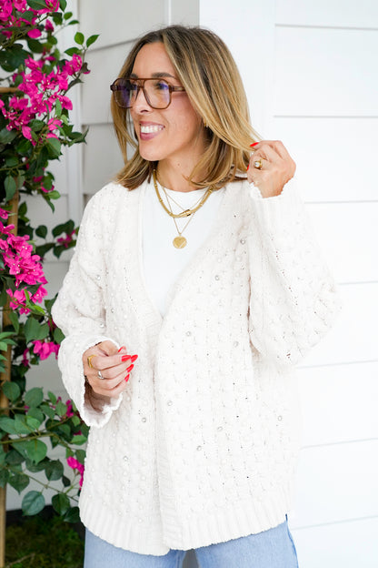 POL Solid Long Sleeve Open Cardigan with Pearl Detail