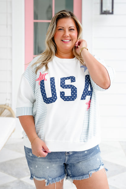 Short Sleeve "USA" Patchwork Pullover Top