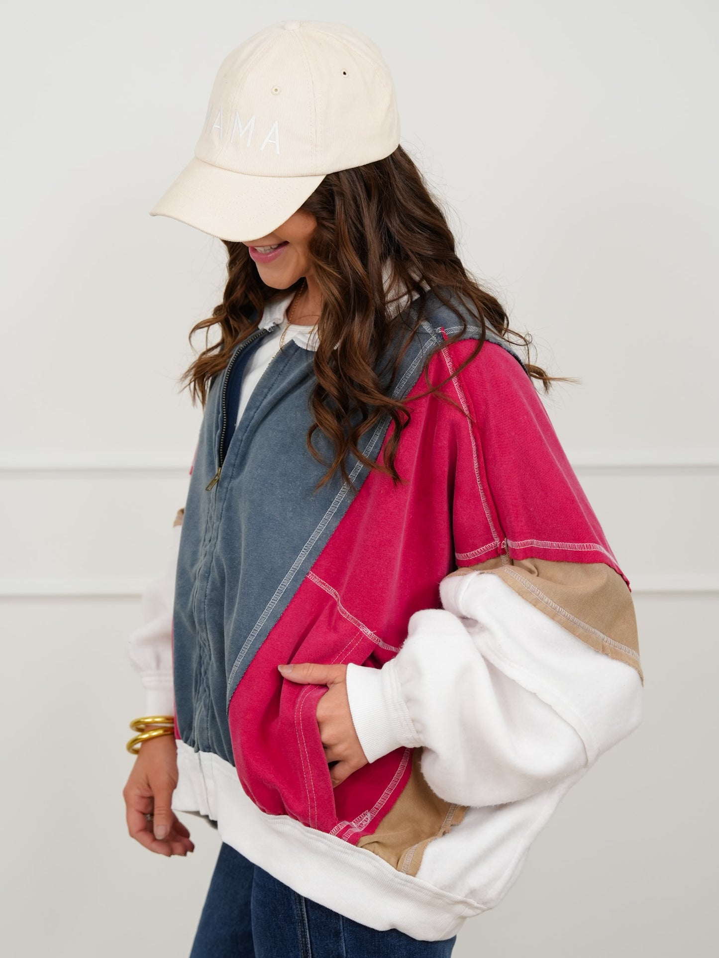 Color Block Long Dolman Sleeve Zip-Up Jacket