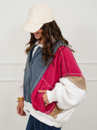 Color Block Long Dolman Sleeve Zip-Up Jacket