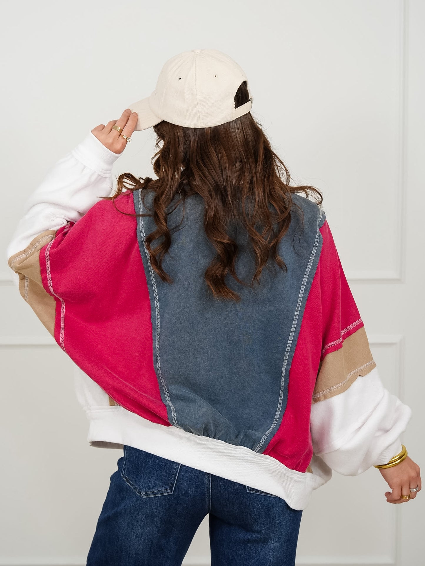 Color Block Long Dolman Sleeve Zip-Up Jacket