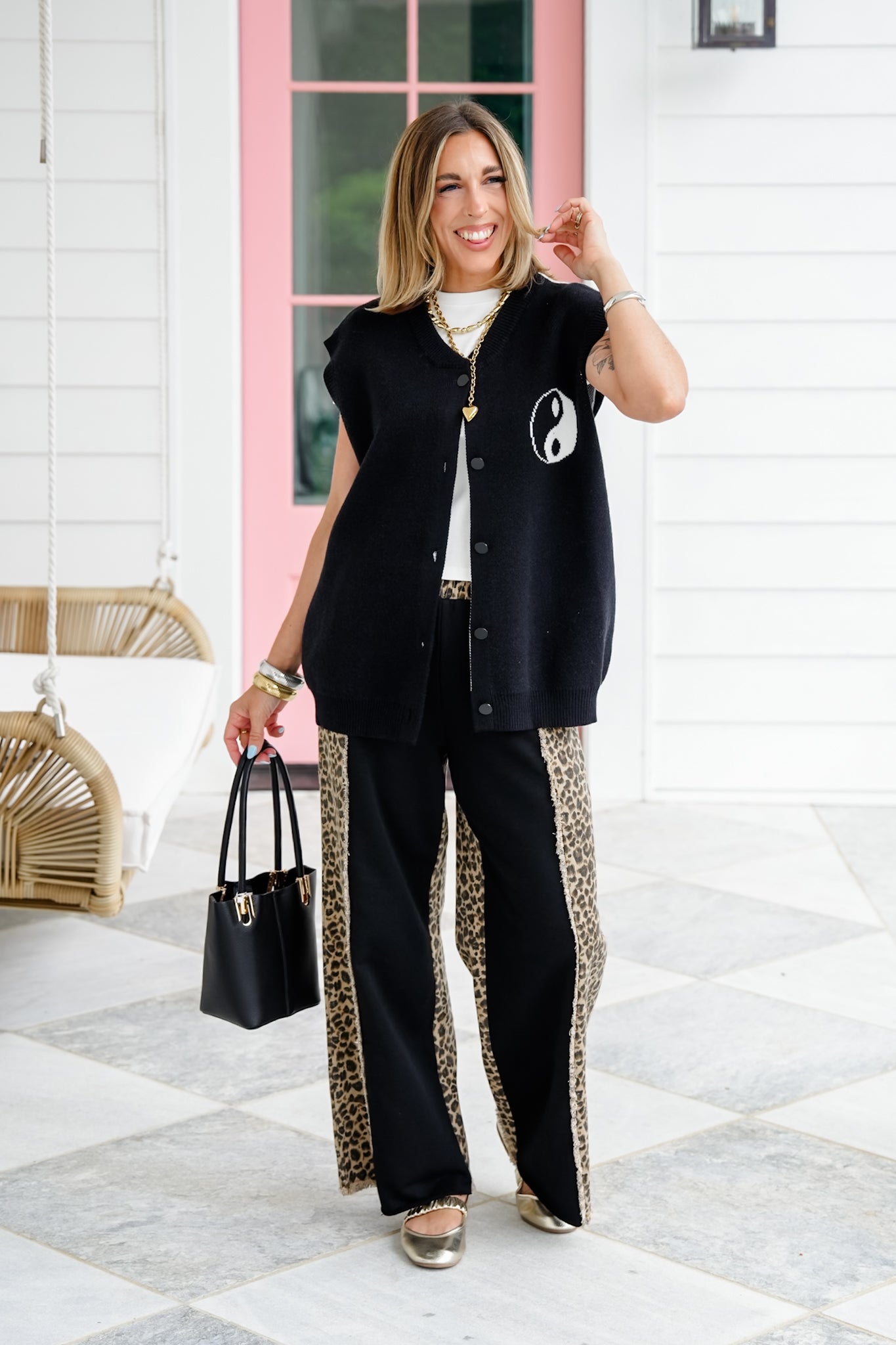 Black Ying Yang Button Down Sweater Vest