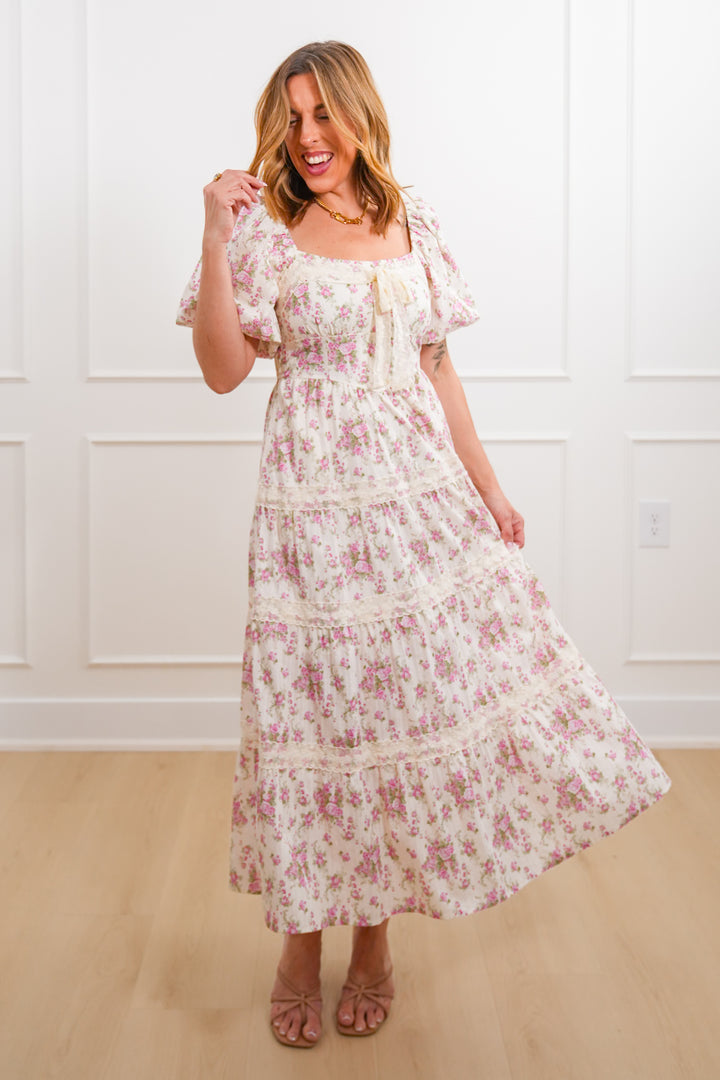 Floral Print Short Bubble Sleeve Tiered Midi Dress