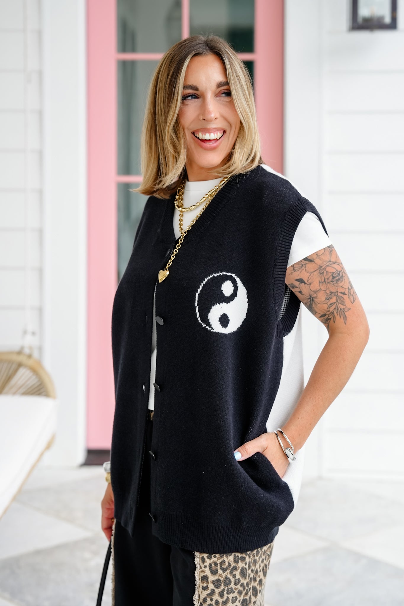 Black Ying Yang Button Down Sweater Vest