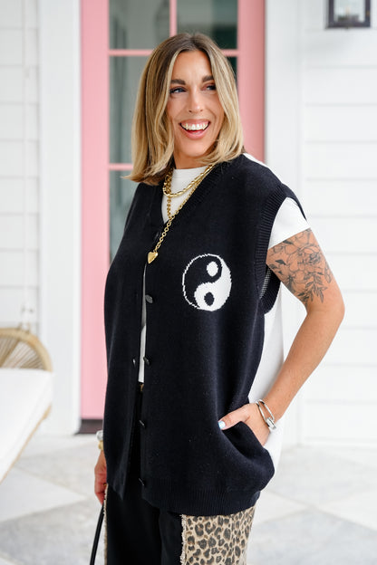 Black Ying Yang Button Down Sweater Vest