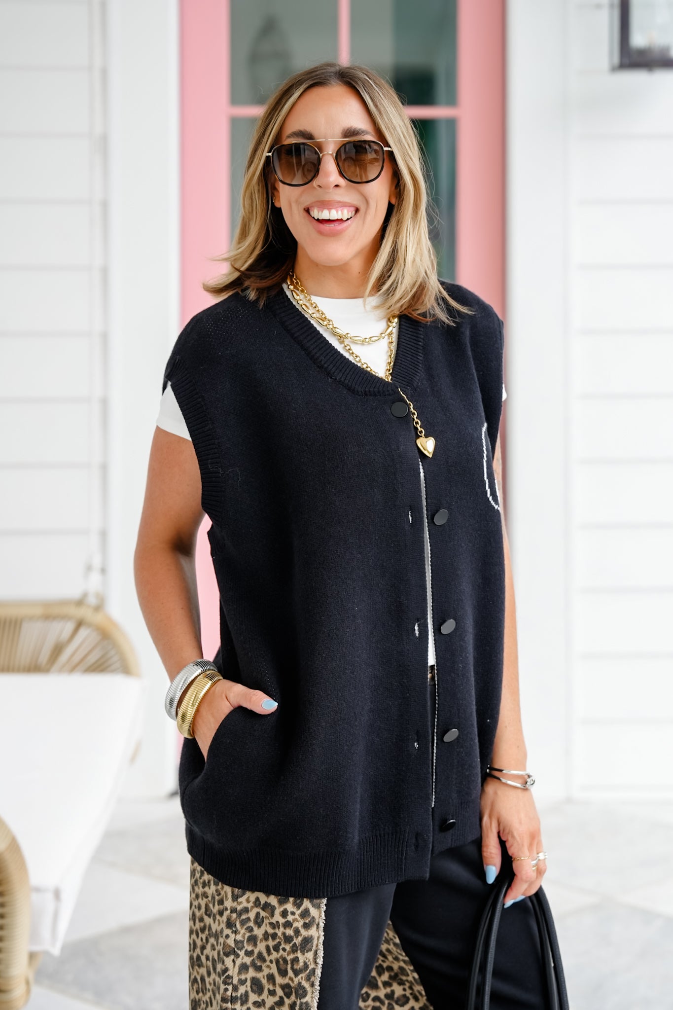 Black Ying Yang Button Down Sweater Vest