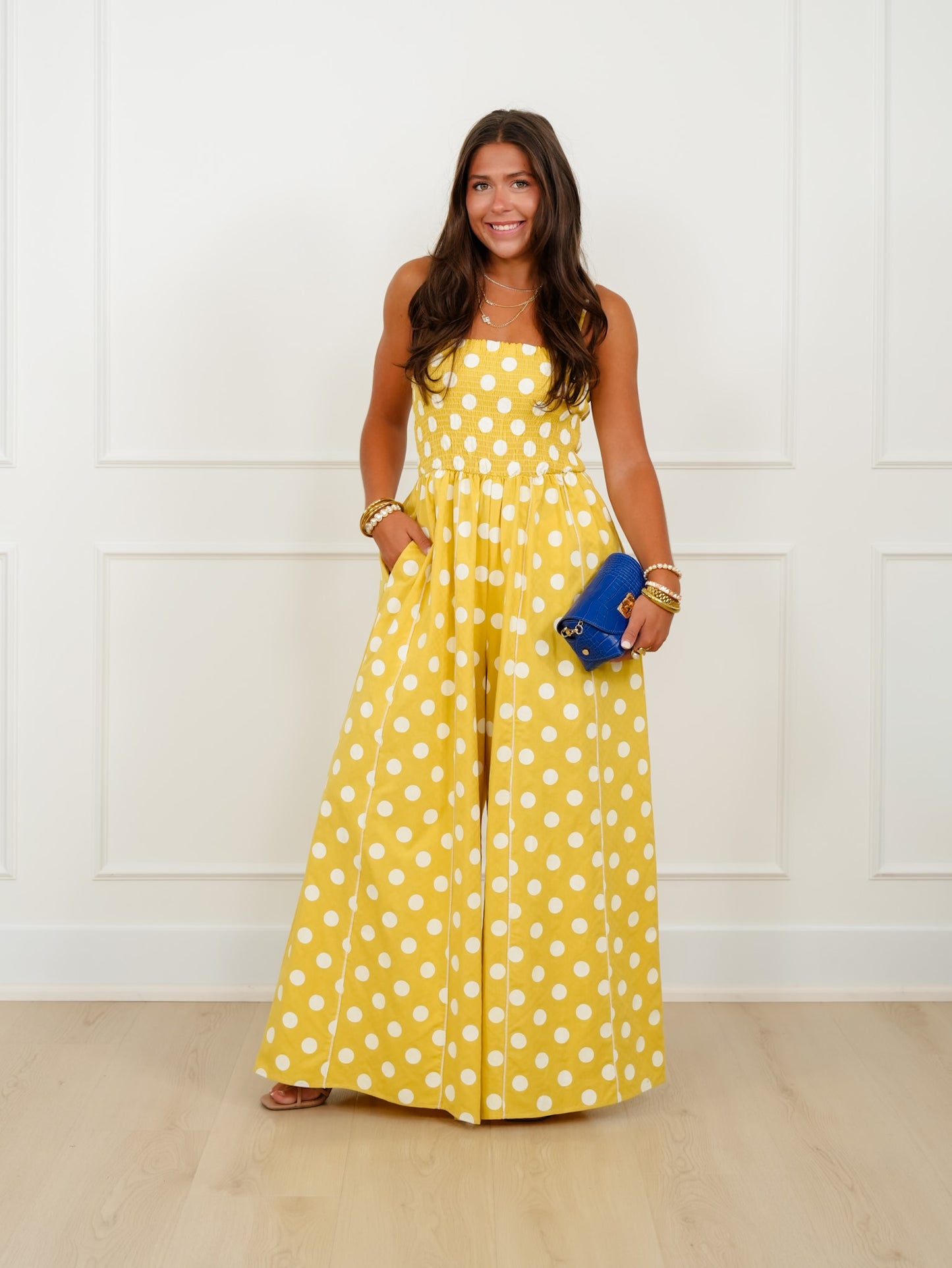 Sleeveless Polka Dot Print Smocked Top Jumpsuit
