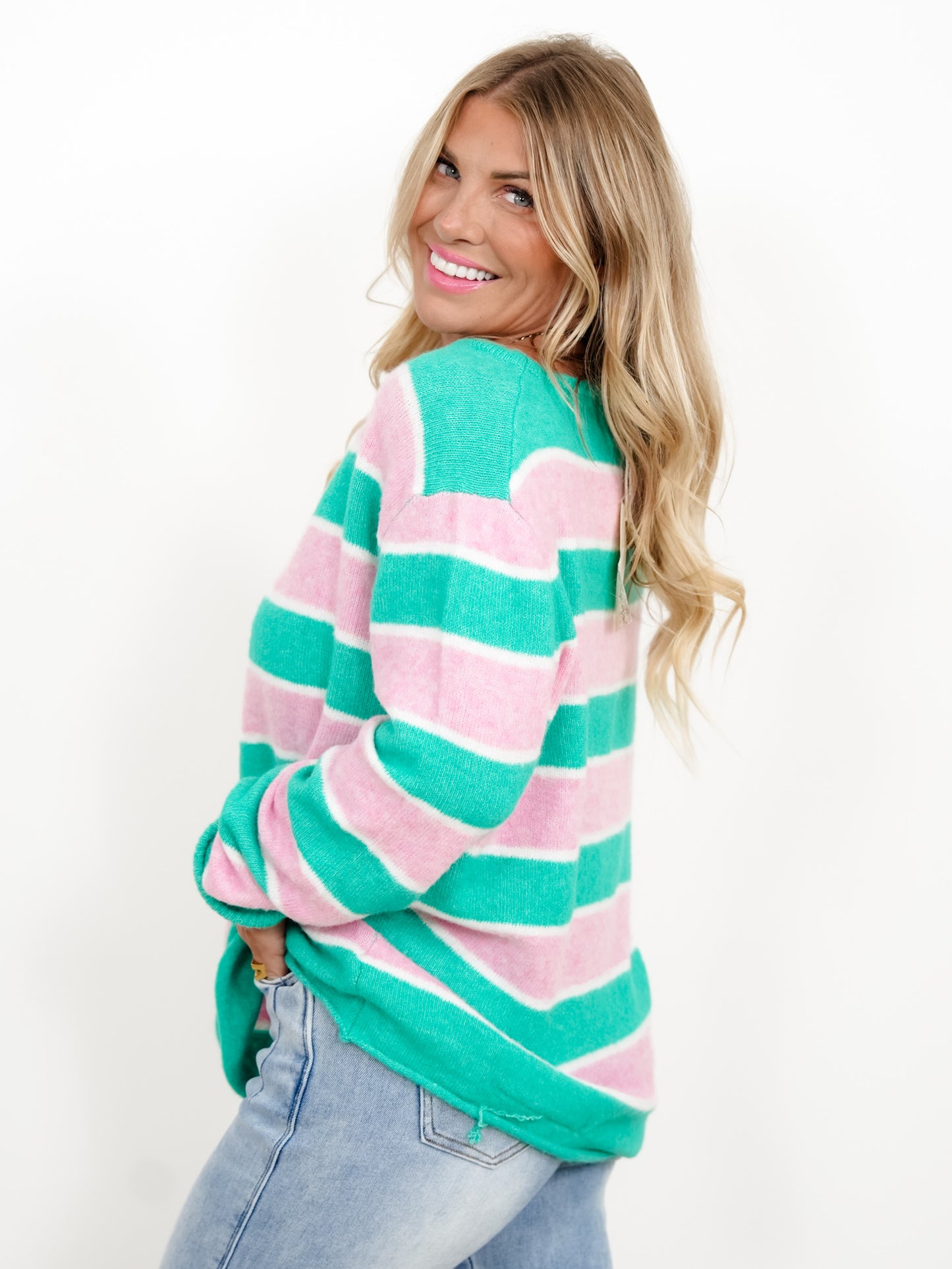 Soft Brushed Striped Long Sleeve Sweater - Freckled Poppy