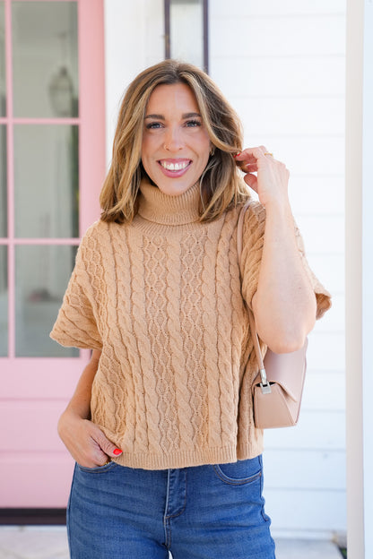 Plus/Reg Cable Knit Short Sleeve Pullover Sweater