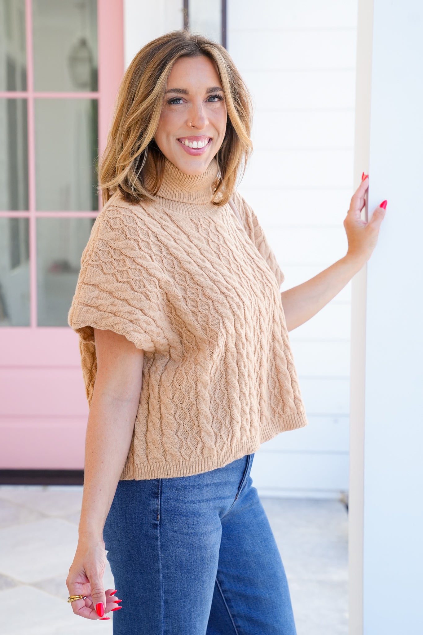 Plus/Reg Cable Knit Short Sleeve Pullover Sweater