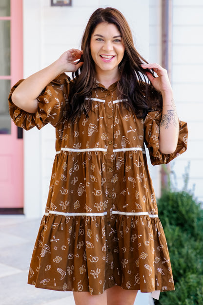 Plus/Reg Western Print Short Puff Sleeve Dress